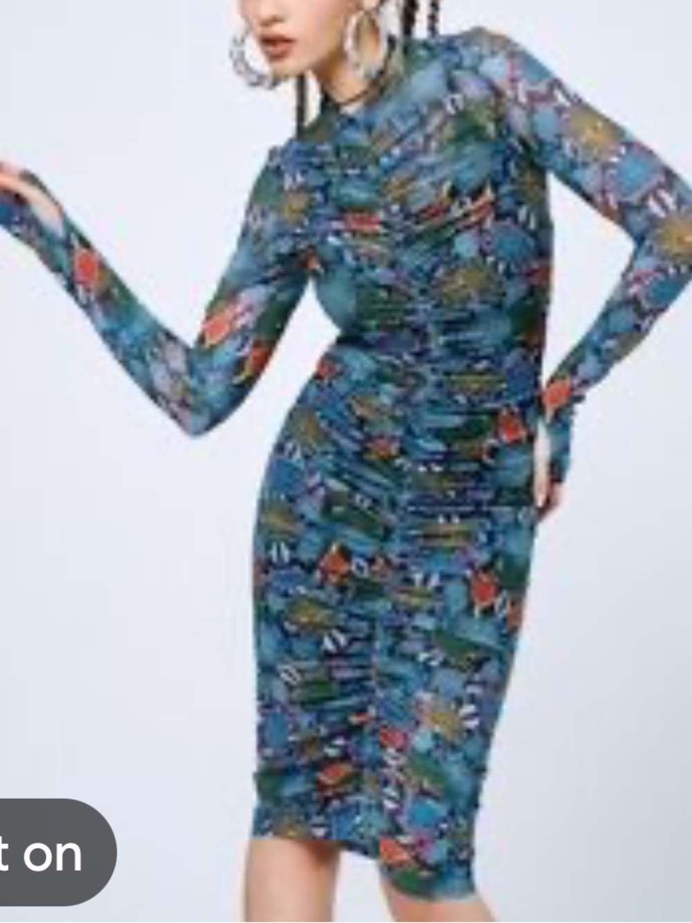 Long Sleeve Ruched sheer Bodycon Dress in Multicolor Print